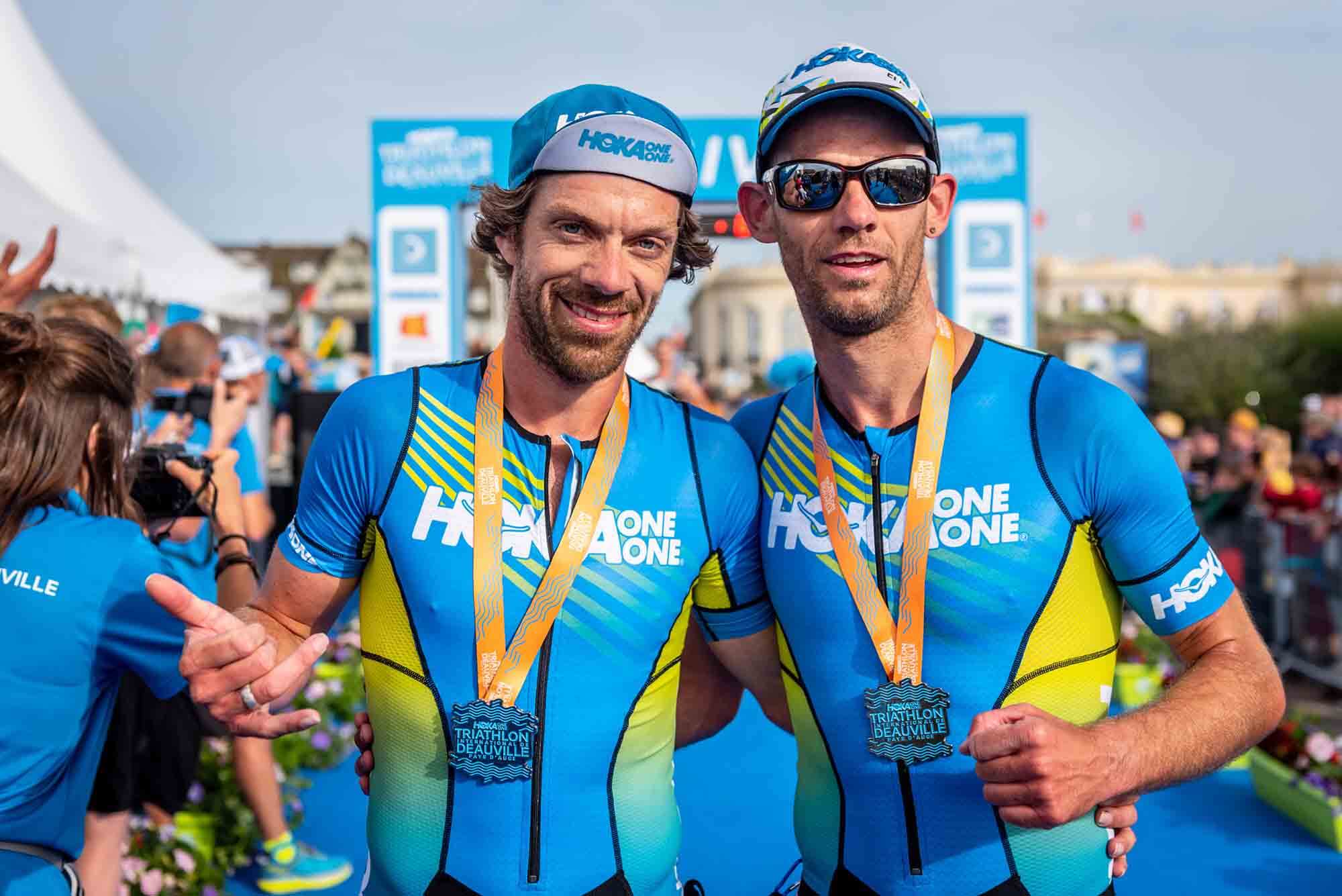 HOKA athletes Olivier Lyoen and Antoine Perel after their victory at 2018 Deauville Triathlon