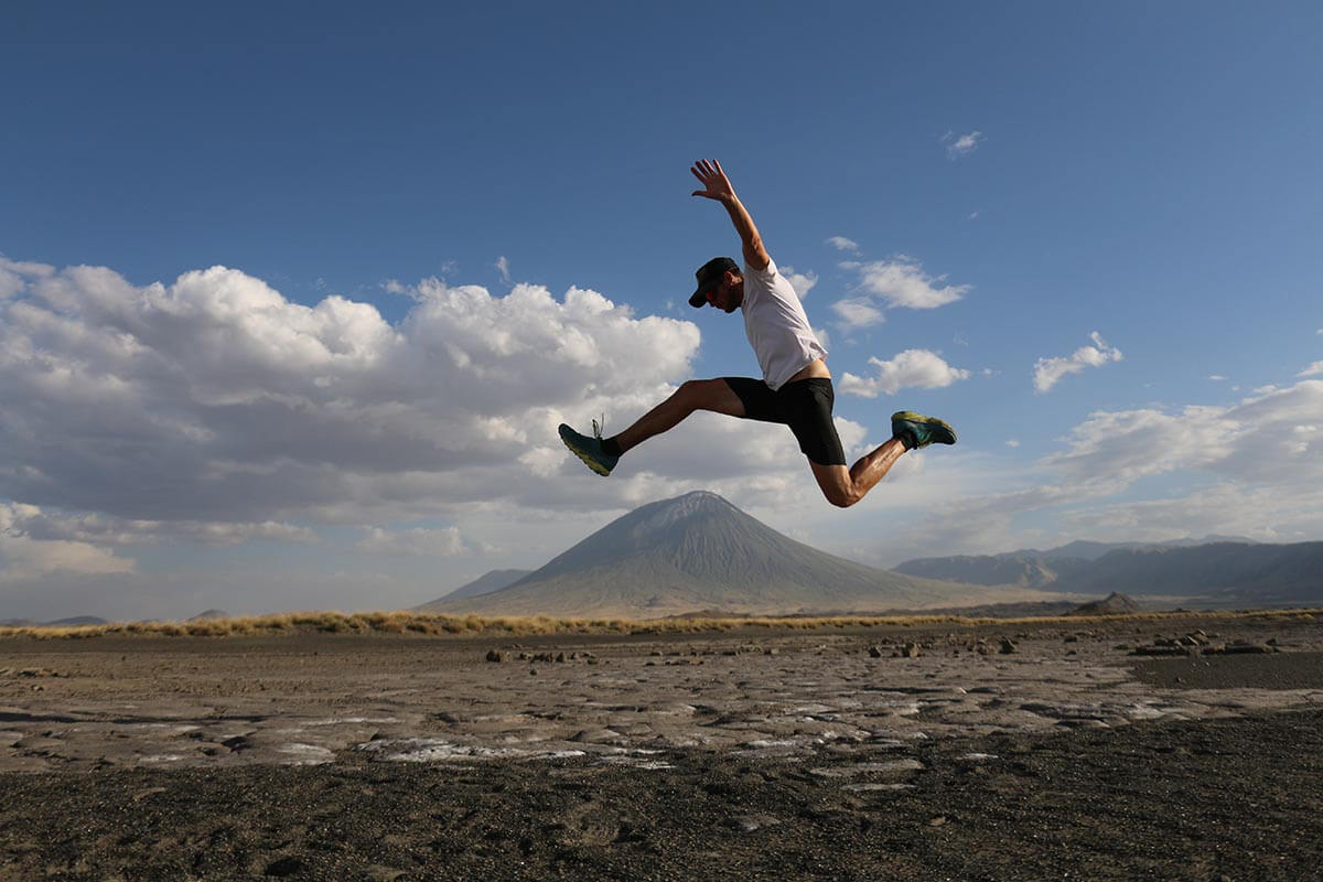 HOKA fan Simon James 'flies' over the mountain in Tanzania