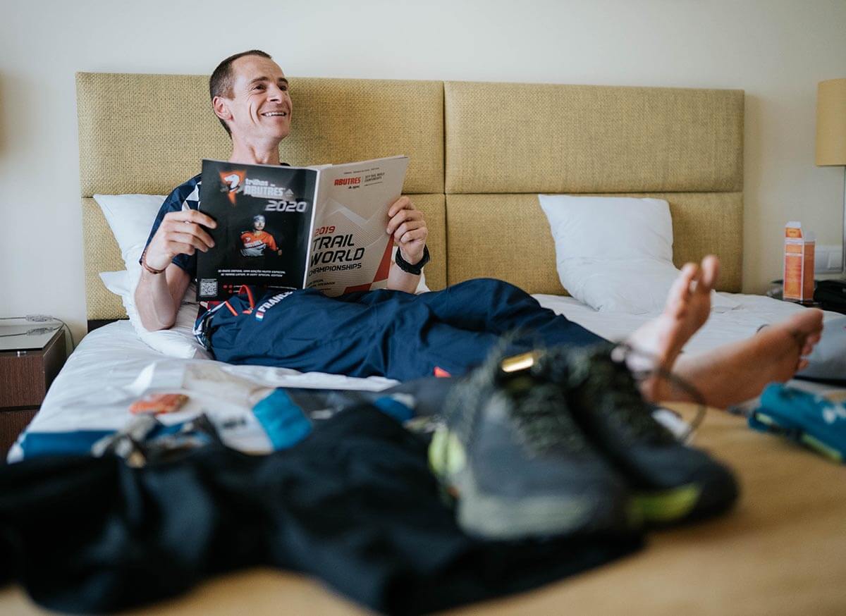 HOKA athlete Julien Rancon relaxes before the event
