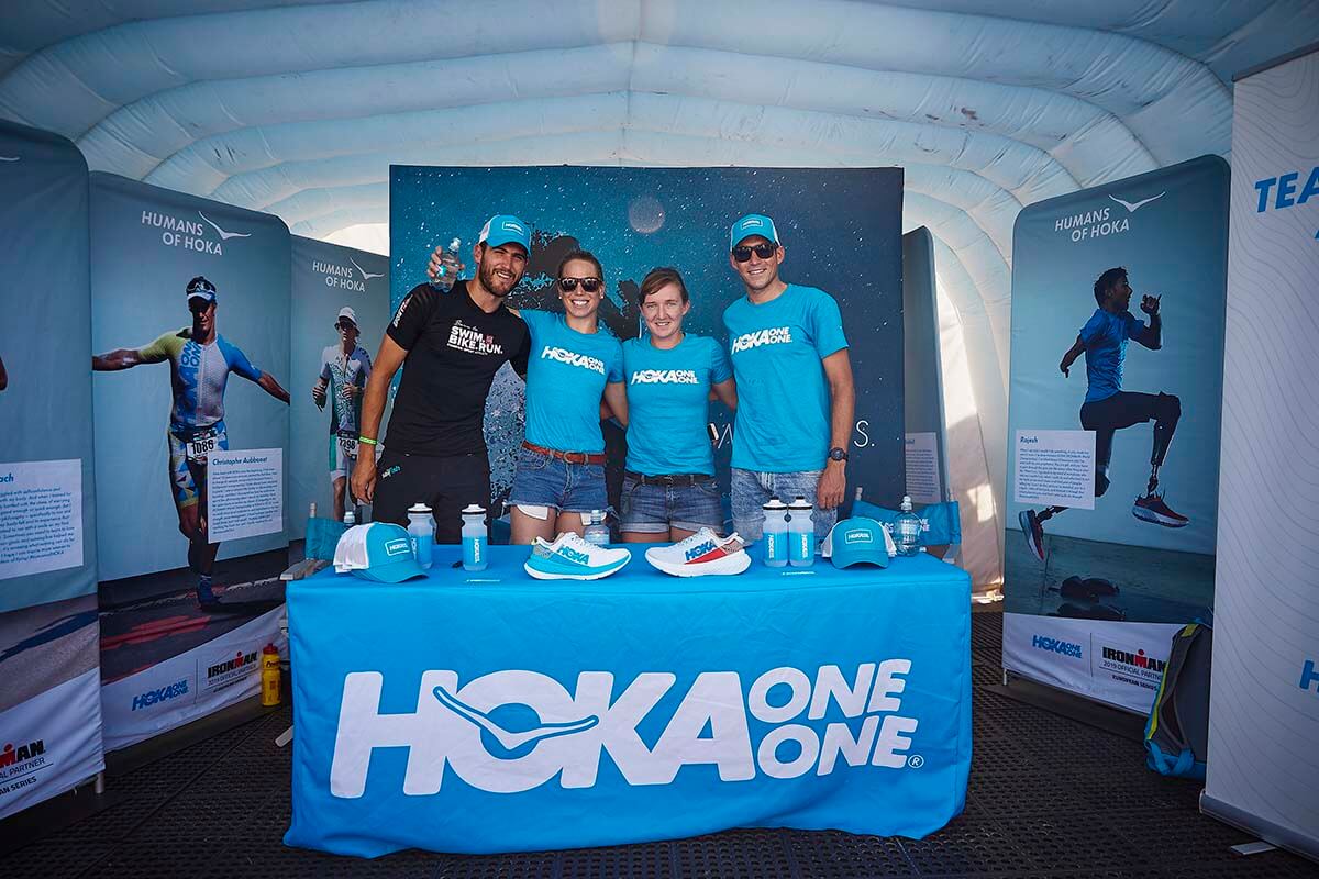 HOKA athlete Arnaud Guilloux, Susie Cheetham, Katharina Grohmann and Horst Reichel at the HOKA stand for the signing session