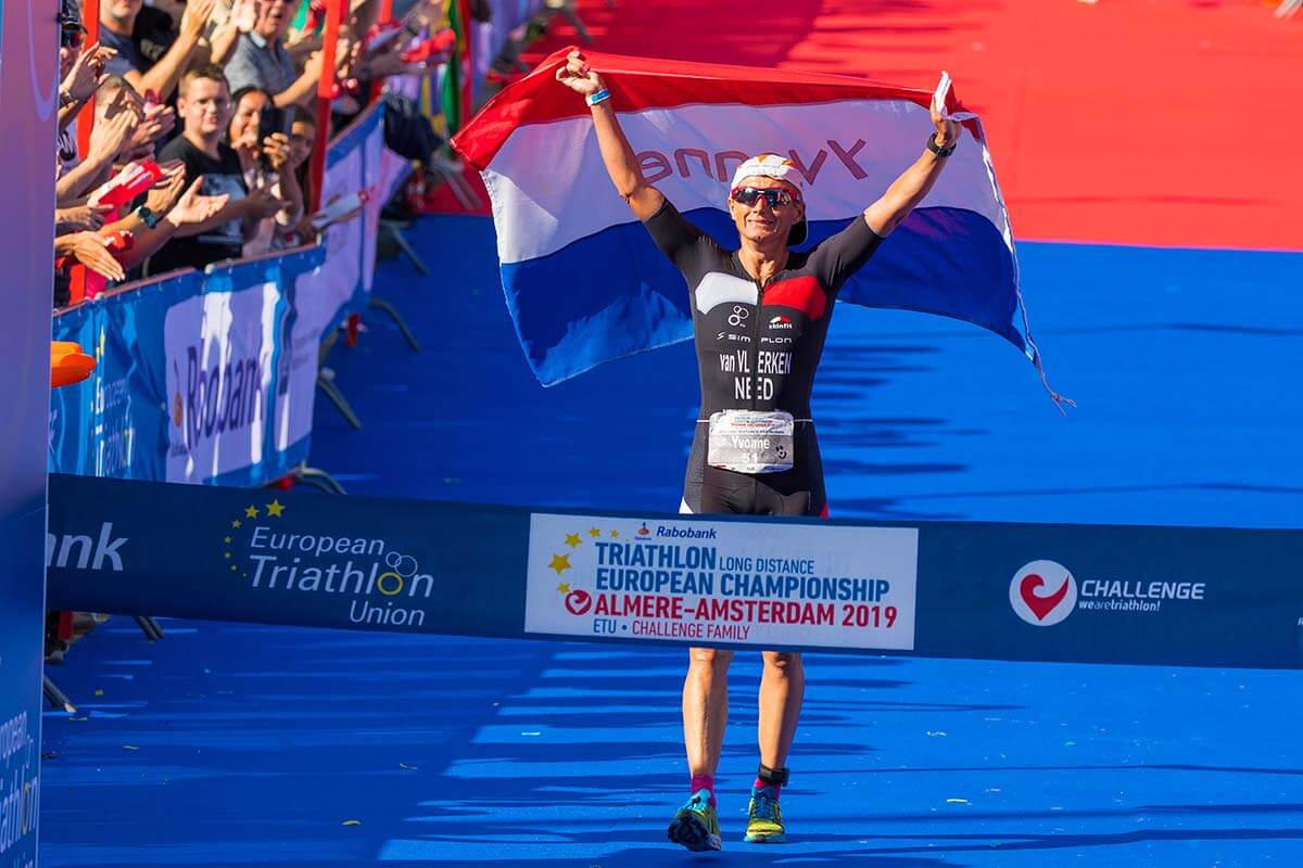 HOKA athlete Yvonne van Vlerken crosses the line first at Challenge Almere