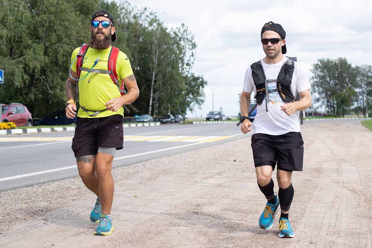 HOKA fans Jared Goldman and the Bearded Runner together running in Belarus