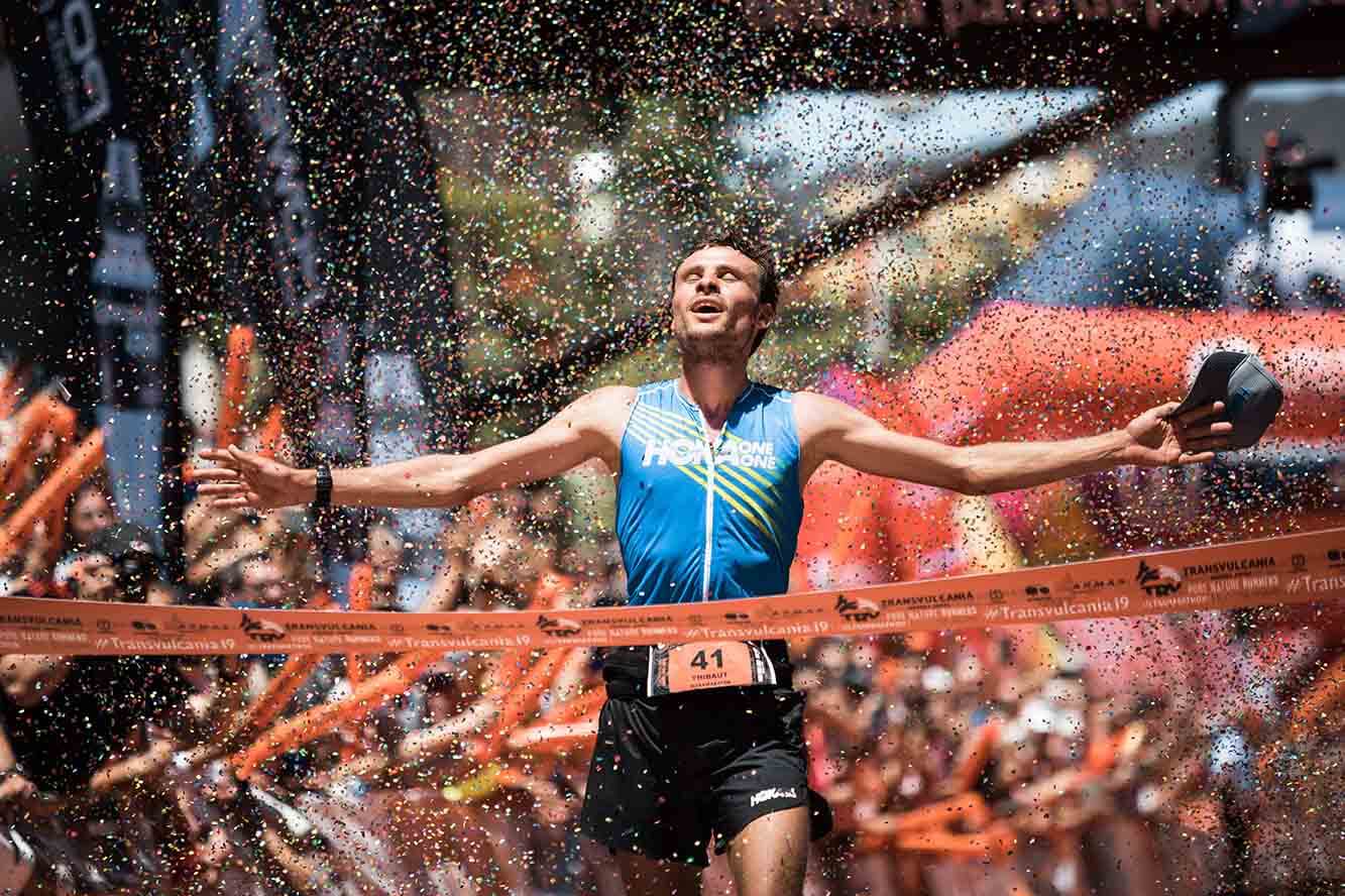 HOKA athlete Thibaut Garrivier crosses the line first at Transvulcania